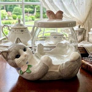 Antique ~ Vintage Treasure Craft Kitty Cat with Glass Fish Bowl Cookie Jar.